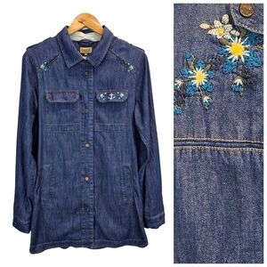 Dreimaster Womens Floral Embroidered Elongated Denim Jacket Sz Large Casual
